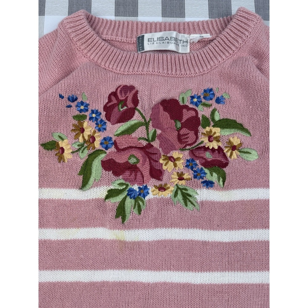 Cottagecore Floral Embroidered Striped Sweater Pink Grandpa Core XL